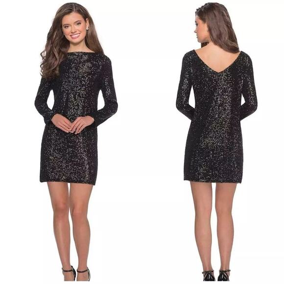 La Femme Long Sleeve Sequined Mini Dress Black 28194 Size 8 New - Picture 1 of 6